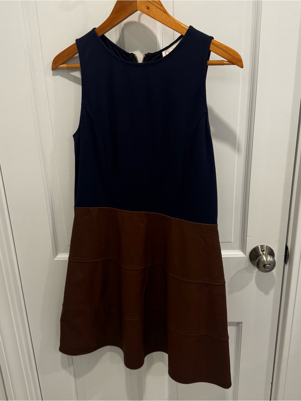 Sail to Sable Navy and Brown Faux Leather Midi Dress size 6